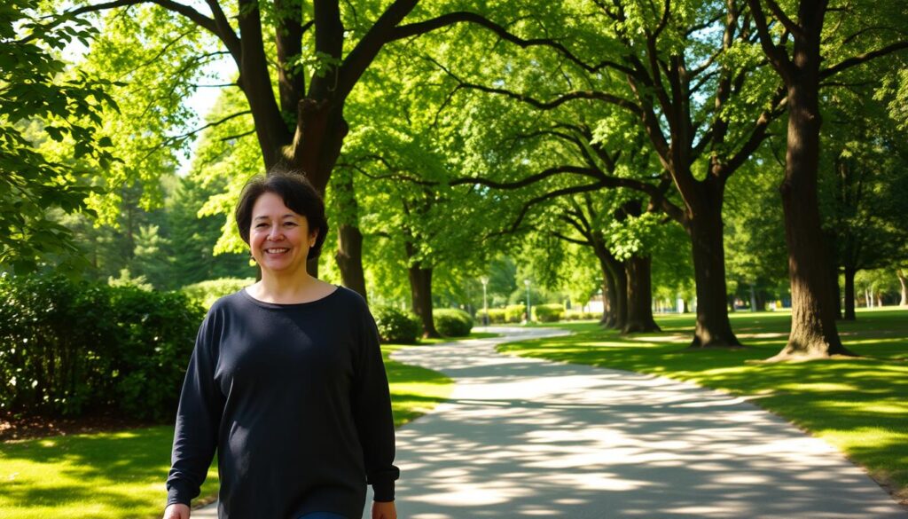 A tranquil park setting with a paved walking path winding through lush greenery. A person strolling leisurely, their stride relaxed, surrounded by towering trees casting soft dappled shadows. Warm, natural lighting filters through the foliage, creating a serene, calming atmosphere. The person's expression is one of contentment, their pace unhurried, as they take in the sights and sounds of the peaceful outdoors. In the background, a glimpse of a clear blue sky peeking through the verdant canopy. The overall scene conveys a sense of well-being and the restorative power of a simple walk.