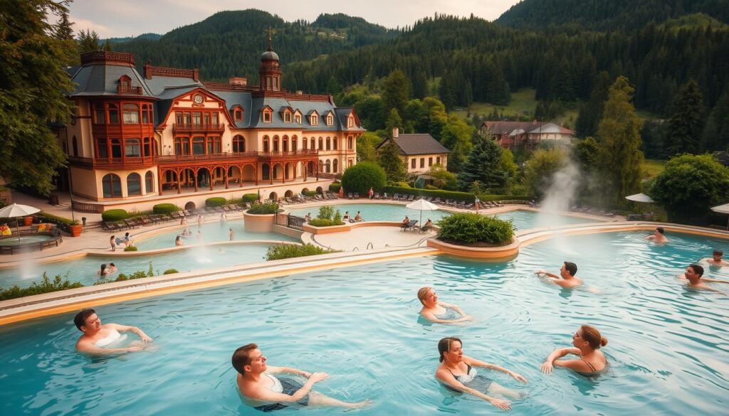 A tranquil spa resort nestled amidst lush greenery, with guests relaxing in the soothing thermal pools, surrounded by the picturesque Sudetes Mountains. In the foreground, people leisurely float in the mineral-rich waters, their faces serene and content. The middle ground features elegant, historic spa buildings with ornate architecture, while the background showcases the rolling hills and forests that embrace the resort. Soft, warm lighting creates a calming, restorative ambiance, inviting visitors to unwind and rejuvenate in this oasis of well-being.