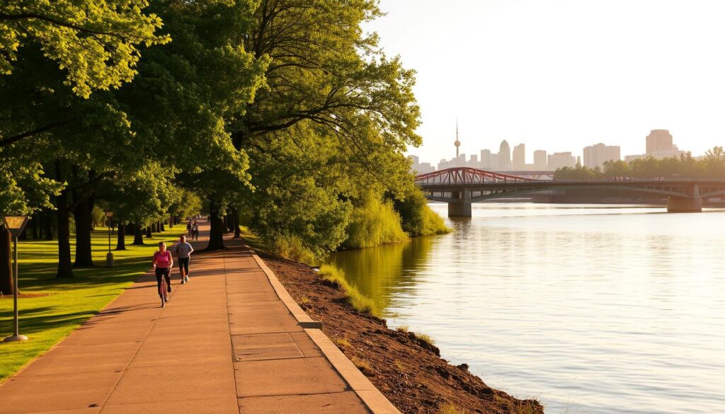 A tranquil stroll along the banks of the Oder River, with lush greenery lining the shores and a picturesque bridge spanning the calm, reflective waters. Warm sunlight filters through the trees, casting a soft, golden glow over the scene. In the distance, the city skyline of Wrocław can be seen, a perfect balance of nature and urban architecture. Joggers and cyclists pass by, adding a sense of peaceful activity to the serene environment. The air is crisp and fresh, inviting visitors to take a deep breath and fully immerse themselves in the natural beauty of this riverside promenade.