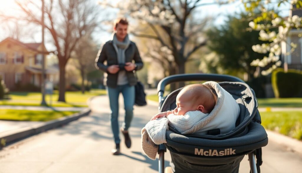 A tranquil suburban street on a sunny spring day, with a young parent carefully guiding a stroller down the sidewalk. In the foreground, a soft-focus shot of a newborn baby peacefully napping, bundled in a cozy blanket. The middle ground showcases the parent, dressed in comfortable, weather-appropriate clothing, attentively monitoring the baby's well-being. In the background, lush greenery and flowering trees create a serene, natural backdrop, conveying a sense of safety and calmness. The lighting is warm and diffused, casting a gentle glow on the scene. The composition is balanced and inviting, capturing the joyful, yet cautious, experience of a first outdoor adventure with a newborn. A tranquil suburban street on a sunny spring day, with a young parent carefully guiding a stroller down the sidewalk. In the foreground, a soft-focus shot of a newborn baby peacefully napping, bundled in a cozy blanket. The middle ground showcases the parent, dressed in comfortable, weather-appropriate clothing, attentively monitoring the baby's well-being. In the background, lush greenery and flowering trees create a serene, natural backdrop, conveying a sense of safety and calmness. The lighting is warm and diffused, casting a gentle glow on the scene. The composition is balanced and inviting, capturing the joyful, yet cautious, experience of a first outdoor adventure with a newborn.