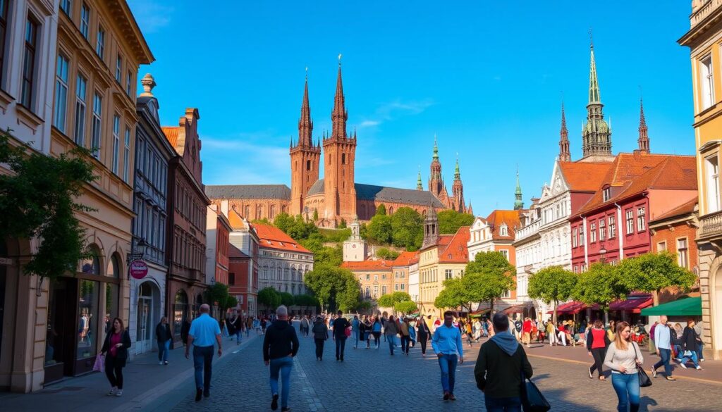 A vibrant, scenic cityscape of Krakow's historic Old Town, captured through a wide-angle lens. In the foreground, pedestrians stroll along the charming cobblestone streets, admiring the beautiful Baroque and Gothic architecture that lines the bustling Rynek Główny. In the middle ground, the iconic Wawel Castle stands tall, its red brick walls and towers casting gentle shadows. The background is filled with lush green trees and the silhouettes of church spires, creating a serene and picturesque atmosphere. The scene is bathed in warm, golden light, conveying a sense of tranquility and inviting exploration. The overall mood is one of serene beauty, capturing the essence of Krakow's most captivating walking destinations.