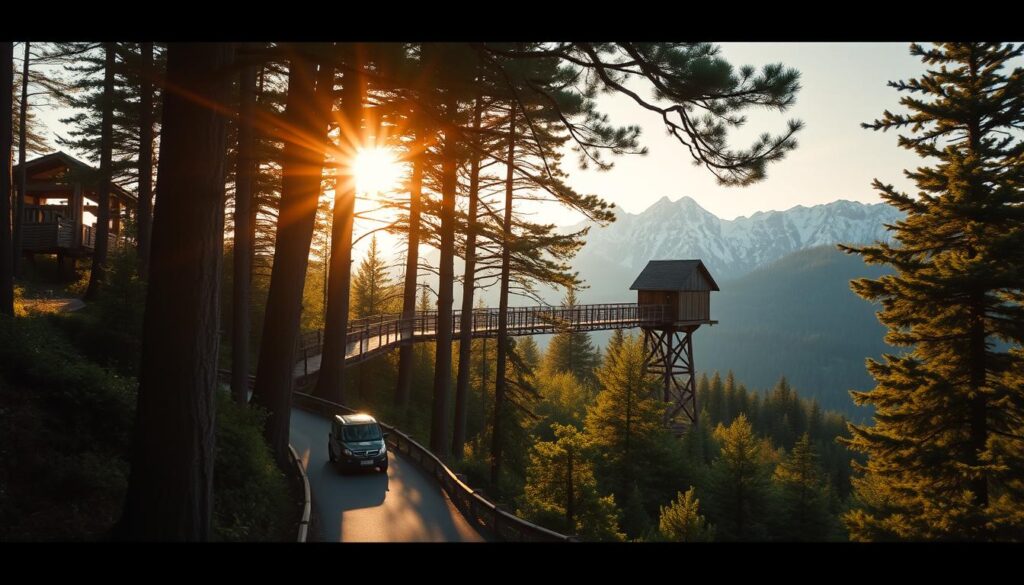 A winding mountain road winds through a lush, verdant forest, leading up to the grand, wooden structure of the Bachledka Treetop Walk. The sunlight filters through the canopy of tall, ancient trees, casting a warm, golden glow over the scene. In the foreground, a car or small shuttle bus navigates the narrow, curving path, hinting at the accessibility of this breathtaking natural attraction. The mid-ground is filled with the vibrant greens of the forest, while the background features the towering peaks of the Tatra Mountains, their snow-capped summits reaching towards the heavens. The overall atmosphere is one of serene, natural beauty, inviting the viewer to embark on an enchanting journey to the Bachledka Treetop Walk.