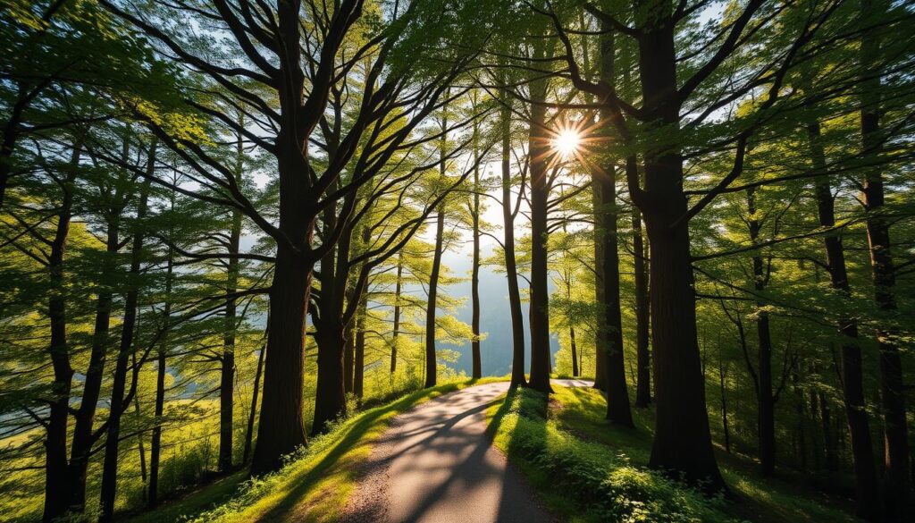 A winding trail through the majestic crowns of trees in the Pieniny Mountains, sunlight filtering through the verdant foliage casting a warm, magical glow. The path meanders gracefully, offering breathtaking vistas of the surrounding peaks and valleys. Towering trunks frame the scene, their branches reaching skyward like outstretched arms. A sense of tranquility and wonder pervades the air, inviting the viewer to embark on this enchanting woodland journey. Capture this captivating moment with a medium-wide angle lens, highlighting the scale and grandeur of the Pieniny tree-top trail.