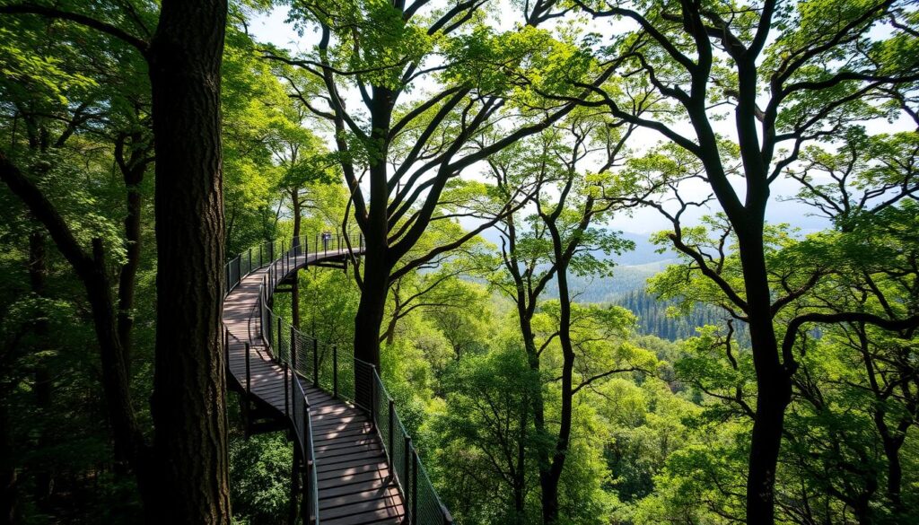 A winding trail winding through the verdant forest canopy, sunlight filtering through the lush foliage above. Towering trees stretch skyward, their branches intertwining to form a natural walkway high above the forest floor. Sturdy wooden platforms and walkways blend seamlessly with the surrounding landscape, offering hikers a unique perspective on the woodland ecosystem. Gentle breezes rustle the leaves, creating a tranquil, serene atmosphere as visitors ascend into the treetops. Expansive vistas of rolling hills and distant peaks emerge between the swaying branches, inviting further exploration of this enchanting elevated hiking path.