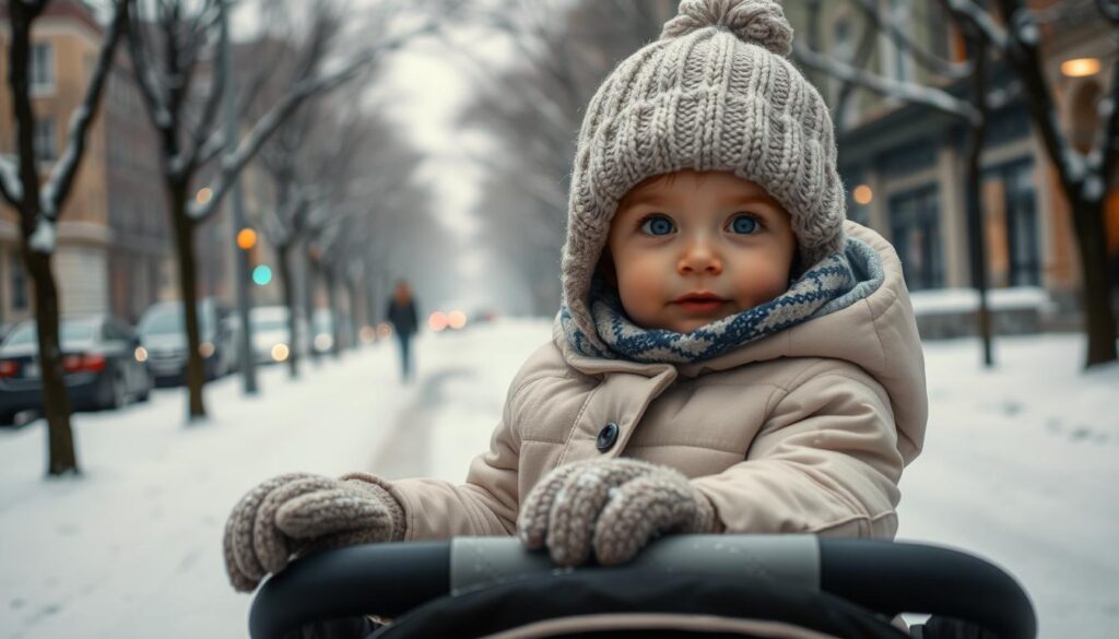 A young child bundled up in warm winter attire, their rosy cheeks peeking out from beneath a cozy knit hat, as they take a brisk stroll through a snowy urban landscape. The city streets are lined with bare trees, their branches glistening with a light dusting of frost. The child's small gloved hands grasp the handles of a sturdy stroller, their parent or caregiver guiding them along the path. Soft, diffused lighting illuminates the scene, creating a peaceful, wintry atmosphere. The child's expression is one of wonder and curiosity, capturing the joy of exploring the outdoors in the colder months.