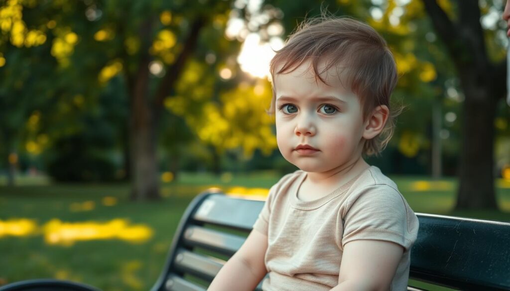 A young child sitting on a park bench, eyes slightly squinted, with a light rash visible on their skin. The background is a lush, green park, with trees swaying gently in a soft breeze. Warm, diffused sunlight filters through the leaves, casting a calming, natural glow. The child's parent or caregiver stands nearby, a concerned yet reassuring expression on their face, ready to guide the child through this brief skin condition. The scene conveys a sense of tranquility and the importance of fresh air and gentle activity during a mild case of "trzydniówka" or three-day fever rash.