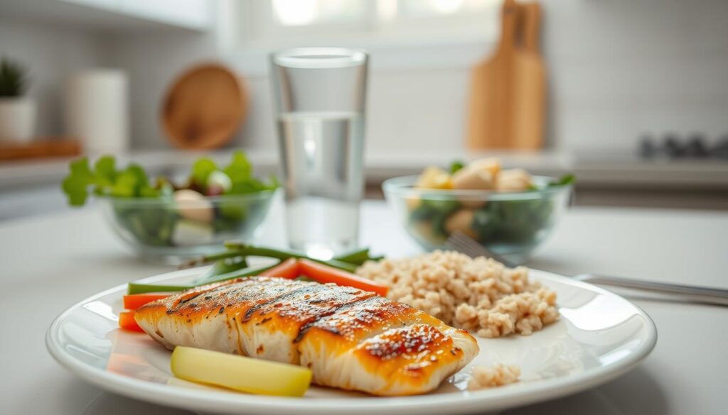 Detailed still life of a balanced, nutritious meal after gallbladder removal surgery. In the foreground, a plate with grilled fish, steamed vegetables, and a side of brown rice. In the middle ground, a glass of water and a small salad with leafy greens and a light vinaigrette dressing. The background features a clean, minimalist kitchen setting with natural lighting filtering in through a window. The mood is calming and serene, emphasizing the importance of a gentle, post-operative diet for regaining strength and promoting healing. Detailed still life of a balanced, nutritious meal after gallbladder removal surgery. In the foreground, a plate with grilled fish, steamed vegetables, and a side of brown rice. In the middle ground, a glass of water and a small salad with leafy greens and a light vinaigrette dressing. The background features a clean, minimalist kitchen setting with natural lighting filtering in through a window. The mood is calming and serene, emphasizing the importance of a gentle, post-operative diet for regaining strength and promoting healing.