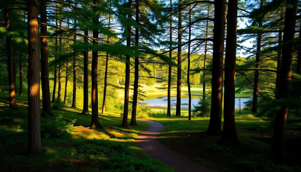 Lush, verdant expanse of Kampinoski Park Narodowy, a pristine natural haven nestled near the bustling city of Warsaw. Towering pine trees cast dappled shadows across the forest floor, their canopies filtering warm, golden sunlight. A winding path meanders through the dense foliage, inviting leisurely strolls and immersion in the serene tranquility. In the distance, a small lake reflects the surrounding landscape, its still waters mirroring the intricate dance of leaves and branches overhead. The crisp, earthy scent of moss and damp soil permeates the air, creating a soothing, calming atmosphere. This oasis of green offers a rejuvenating escape from the city, a true sanctuary for nature enthusiasts and those seeking a peaceful respite.