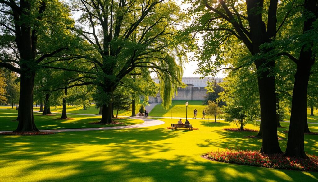 Lush, verdant landscape of "park krajobrazowy Fosa i Stoki Cytadeli" in Warsaw, Poland. Towering trees casting dappled shadows on the winding paths, their leaves rustling gently in the breeze. Manicured lawns dotted with vibrant flowers, inviting visitors to stroll and explore. In the distance, the historic Citadel's ramparts rise, their weathered stone walls a testament to the site's storied past. Warm, golden sunlight filters through the canopy, lending a serene, tranquil atmosphere to this urban oasis. Capture the essence of this picturesque, picnic-perfect park with a wide-angle lens, showcasing its peaceful charm and natural beauty.