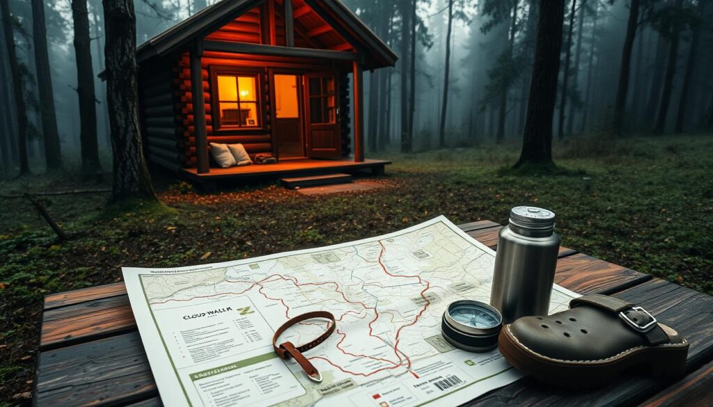 Practical information for an enchanting Świeradów-Zdrój cloud walk: A cozy wooden cabin nestled in a serene, misty forest clearing, its warm lighting spilling softly onto the ground. A detailed map unfurls on a rustic table, guiding visitors through the captivating cloud walk trail. In the foreground, hiking gear - sturdy boots, a compass, and a thermos of hot tea - hint at the adventure to come. The scene conveys a sense of tranquility and preparedness, inviting the viewer to embark on this breathtaking Dolny Śląsk experience.
