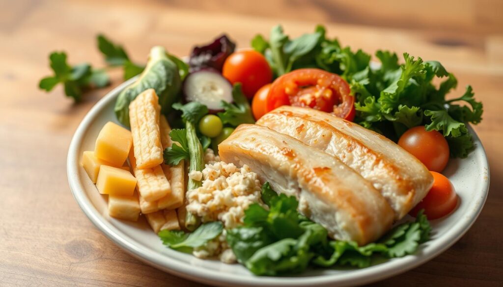 A balanced, nutritious plate with a variety of fresh, vibrant vegetables, lean protein sources, and complex carbohydrates, set against a soft, natural background. The lighting is warm and inviting, accentuating the textures and colors of the ingredients. The composition conveys a sense of balance, highlighting the importance of proper macronutrient ratios in a weight-loss diet. The overall atmosphere is one of health, wellness, and mindful eating. A balanced, nutritious plate with a variety of fresh, vibrant vegetables, lean protein sources, and complex carbohydrates, set against a soft, natural background. The lighting is warm and inviting, accentuating the textures and colors of the ingredients. The composition conveys a sense of balance, highlighting the importance of proper macronutrient ratios in a weight-loss diet. The overall atmosphere is one of health, wellness, and mindful eating.