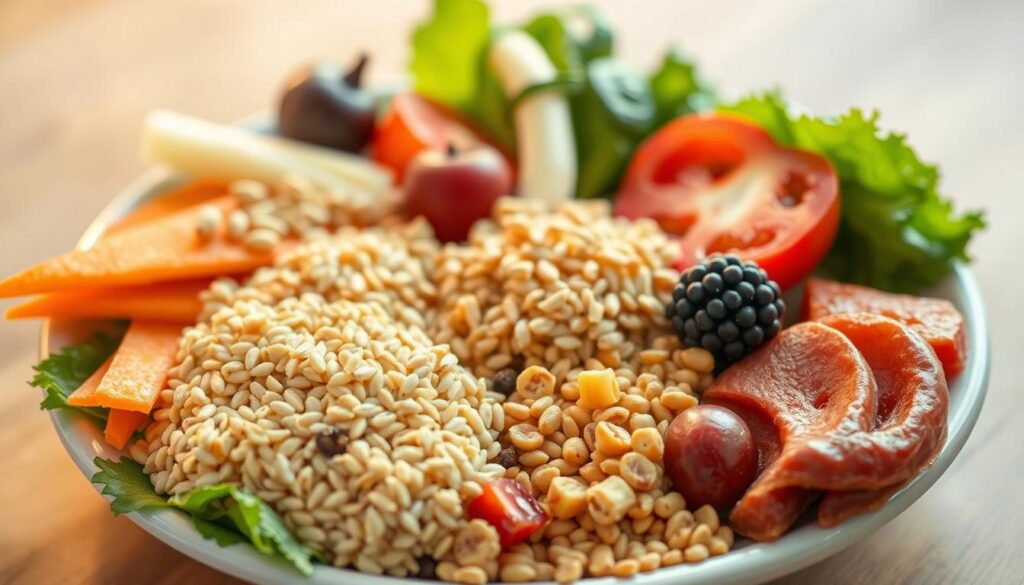 A balanced, varied plate showcasing different carbohydrate sources - whole grains, vegetables, and fruits. The arrangement is visually appealing, with the items arranged in a natural, organic manner. Warm, soft lighting illuminates the scene, highlighting the textures and colors of the foods. The background is blurred, keeping the focus on the central plate. The overall mood is one of health, wellness, and mindful nutrition, reflecting the article's message of tailoring carbohydrate intake to one's lifestyle and activity level.