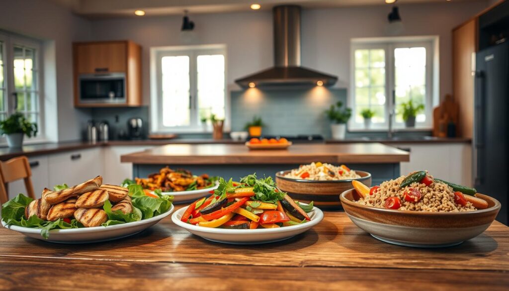 A beautifully lit kitchen scene showcasing a variety of quick and healthy dinner options. In the foreground, a wooden table is adorned with vibrant plates of nutritious meals - a grilled chicken salad, a hearty vegetable stir-fry, and a quinoa and roasted vegetable bowl. The middle ground features a modern kitchen with sleek appliances and ample counter space, creating an inviting atmosphere. The background is softly illuminated, with warm natural lighting filtering through large windows, casting a cozy glow over the entire scene. The overall mood is one of effortless simplicity and culinary delight, perfectly capturing the essence of "szybkie obiady" - quick, healthy, and delicious meals ready in 15-30 minutes. A beautifully lit kitchen scene showcasing a variety of quick and healthy dinner options. In the foreground, a wooden table is adorned with vibrant plates of nutritious meals - a grilled chicken salad, a hearty vegetable stir-fry, and a quinoa and roasted vegetable bowl. The middle ground features a modern kitchen with sleek appliances and ample counter space, creating an inviting atmosphere. The background is softly illuminated, with warm natural lighting filtering through large windows, casting a cozy glow over the entire scene. The overall mood is one of effortless simplicity and culinary delight, perfectly capturing the essence of "szybkie obiady" - quick, healthy, and delicious meals ready in 15-30 minutes.