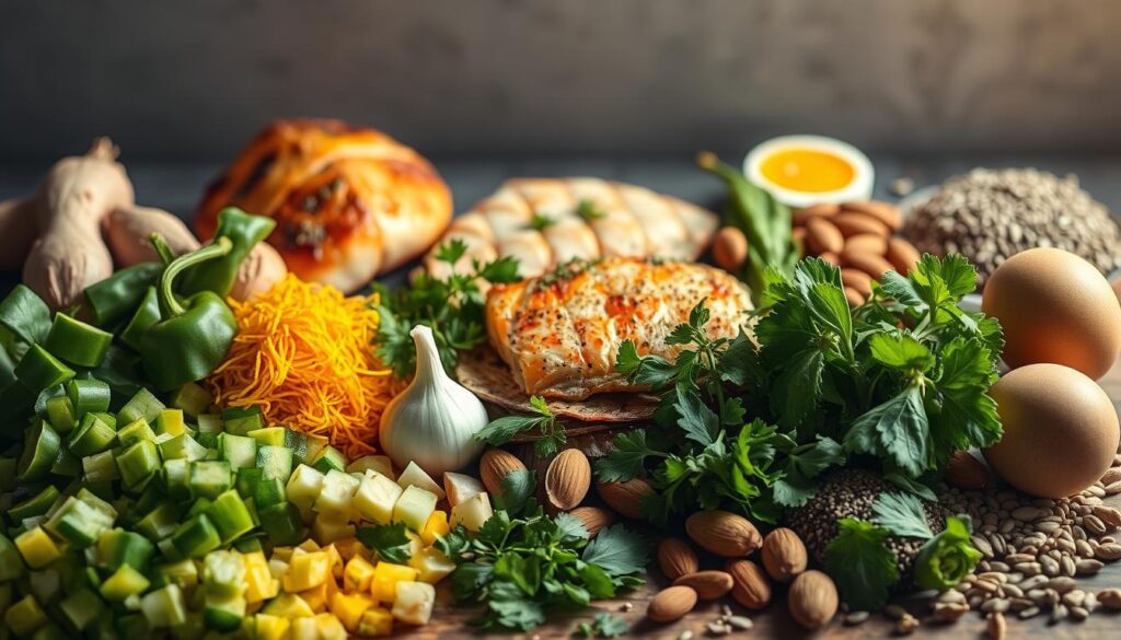 A beautifully lit still life arrangement featuring an assortment of fat-burning superfoods. In the foreground, an array of freshly chopped vegetables and herbs - green peppers, ginger, turmeric, and garlic - their vibrant colors and textures filling the frame. In the middle ground, an array of lean protein sources like grilled chicken, salmon, and boiled eggs. In the background, a scattering of seeds and nuts, such as chia, flax, and almonds. Soft, warm lighting casts gentle shadows, emphasizing the natural forms and highlighting the nutritional richness of these metabolism-boosting ingredients. The overall mood is one of health, wellness, and the power of wholesome, unprocessed foods to support the body's natural fat-burning mechanisms. A beautifully lit still life arrangement featuring an assortment of fat-burning superfoods. In the foreground, an array of freshly chopped vegetables and herbs - green peppers, ginger, turmeric, and garlic - their vibrant colors and textures filling the frame. In the middle ground, an array of lean protein sources like grilled chicken, salmon, and boiled eggs. In the background, a scattering of seeds and nuts, such as chia, flax, and almonds. Soft, warm lighting casts gentle shadows, emphasizing the natural forms and highlighting the nutritional richness of these metabolism-boosting ingredients. The overall mood is one of health, wellness, and the power of wholesome, unprocessed foods to support the body's natural fat-burning mechanisms.