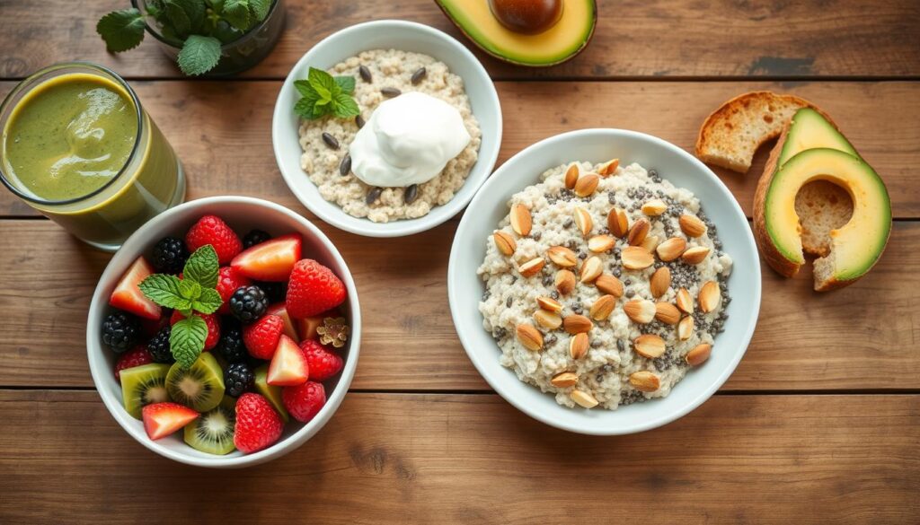 A beautifully styled overhead shot of a rustic wooden table adorned with a selection of healthy breakfast items. In the foreground, a bowl of fresh fruit salad with vibrant berries, sliced kiwi, and a drizzle of honey. Beside it, a smoothie glass filled with a thick, creamy green concoction, garnished with a sprig of mint. In the middle ground, a plate of fluffy oatmeal topped with toasted almonds, chia seeds, and a dollop of Greek yogurt. In the background, a simple arrangement of avocado toast, sliced into triangles, with a sprinkle of sea salt. Soft, diffused natural lighting illuminates the scene, creating a warm, inviting atmosphere. The composition emphasizes the balance and nutritional value of this "śniadania fit" spread.