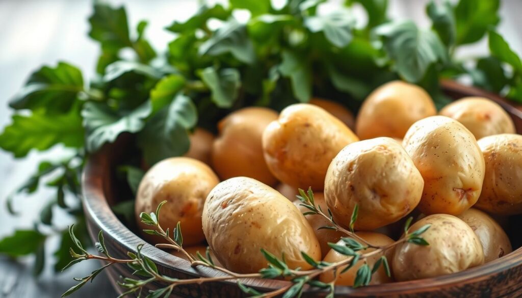 A bountiful arrangement of fresh, golden-hued potatoes nestled against a backdrop of vibrant green leafy greens. The potatoes, glistening with a light glaze, are artfully displayed in a rustic wooden bowl, showcasing their smooth, unblemished skins. Soft, diffused lighting from above casts a warm, natural glow, highlighting the subtle variations in the potatoes' hues. In the foreground, a few sprigs of aromatic herbs add a touch of freshness, while the overall composition evokes a sense of wholesome, nourishing simplicity. This image represents potatoes as a versatile and health-conscious component of a balanced, weight-management diet.