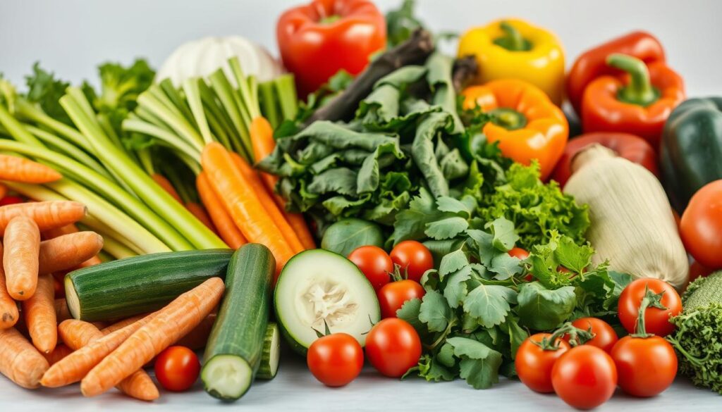 A bountiful array of low-calorie vegetables arranged in a visually appealing still life composition. In the foreground, a selection of crisp, fresh vegetables such as carrots, celery, cucumber, and cherry tomatoes are carefully positioned. The middle ground features a mix of leafy greens, including spinach, kale, and arugula, their vibrant colors and delicate textures accentuated by soft, natural lighting. In the background, a few additional low-calorie produce items, such as bell peppers and zucchini, provide depth and variety to the scene. The overall composition conveys a sense of health, vitality, and culinary possibilities, perfectly capturing the essence of "Naturalne i fit przekąski — warzywa i owoce niskokaloryczne".