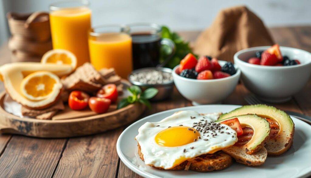 A bountiful breakfast spread on a rustic wooden table, featuring a variety of nourishing, fat-burning ingredients. In the foreground, a plate showcases a hearty scrambled egg dish, accompanied by slices of avocado and grilled tomatoes. Nearby, a bowl of Greek yogurt is topped with fresh berries and a sprinkle of chia seeds. In the middle ground, a glass of freshly squeezed orange juice and a steaming cup of black coffee set the scene. The background is softly blurred, with a light, airy atmosphere, emphasizing the wholesome and energizing nature of this fat-reducing breakfast.