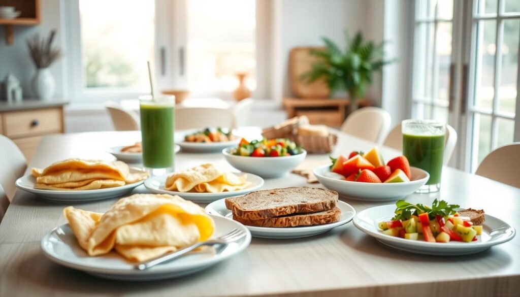 A bountiful breakfast table in a bright, airy kitchen. Artfully arranged plates showcase a variety of healthy, hearty dishes: fluffy omelettes, crisp whole-grain toast, fresh fruit salad, and a glass of vibrant green smoothie. Soft natural light filters in through large windows, casting a warm glow over the scene. Wooden accents and minimalist decor create a calming, inviting atmosphere. The overall composition exudes a sense of balance, nourishment, and a wholesome approach to weight loss. A bountiful breakfast table in a bright, airy kitchen. Artfully arranged plates showcase a variety of healthy, hearty dishes: fluffy omelettes, crisp whole-grain toast, fresh fruit salad, and a glass of vibrant green smoothie. Soft natural light filters in through large windows, casting a warm glow over the scene. Wooden accents and minimalist decor create a calming, inviting atmosphere. The overall composition exudes a sense of balance, nourishment, and a wholesome approach to weight loss.