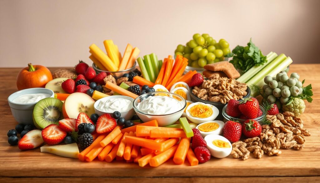 A bountiful spread of healthy and guilt-free snacks artfully arranged on a wooden table. In the foreground, an assortment of vibrant fruits such as sliced apples, kiwi, and berries, complemented by crunchy vegetable sticks like carrots and celery. In the middle ground, a selection of protein-rich options like Greek yogurt, hard-boiled eggs, and roasted nuts. The background features a minimal, natural setting with warm, soft lighting creating a calming, inviting atmosphere. The overall composition evokes a sense of nourishment and balance, perfectly suited to illustrate the "Fit przekąski i desery bez wyrzutów sumienia" section of the "Dania na redukcję – proste i zdrowe przepisy" article.