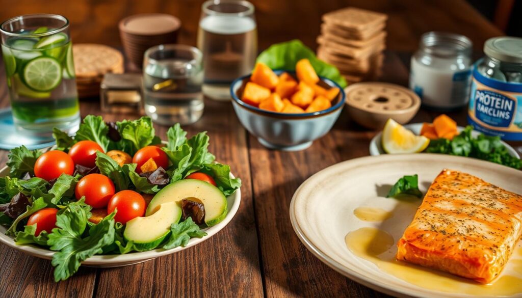 A bountiful spread of wholesome dishes arranged on a rustic wooden table, captured in warm, natural lighting. In the foreground, a colorful salad of leafy greens, cherry tomatoes, and sliced avocado, drizzled with a light vinaigrette. Alongside, a plate of grilled salmon fillet, seasoned with herbs and lemon. In the middle ground, a glass of infused water and a bowl of roasted sweet potato cubes. In the background, a stack of whole-grain crackers and a jar of protein-rich Greek yogurt. The scene exudes a sense of balance, nourishment, and intention, perfectly embodying the concept of a "Jadłospis na redukcję" - a healthy, calorie-conscious meal plan.