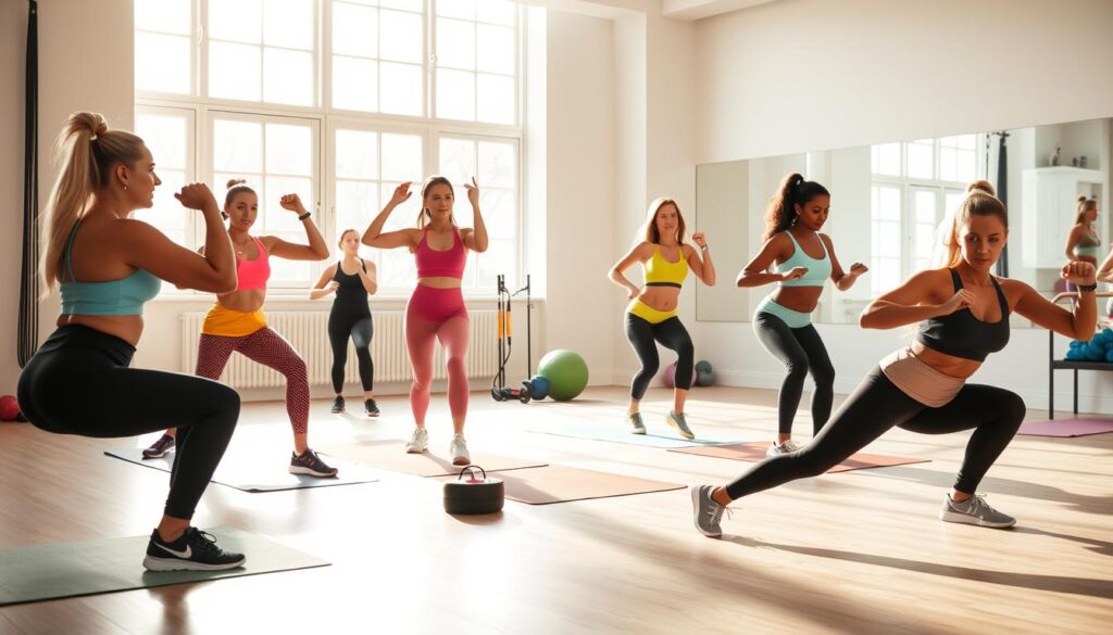 A bright, airy fitness studio with natural light filtering in through large windows. In the foreground, a group of young women in colorful athletic wear performing dynamic exercises like squats, lunges, and crunches. Their movements are fluid and purposeful, with a sense of camaraderie and motivation. In the middle ground, various exercise equipment like resistance bands, medicine balls, and yoga mats are neatly arranged. The background features a minimalist, soothing palette of soft grays and whites, creating a serene and focused atmosphere. The lighting is warm and flattering, accentuating the women's determination and healthy glow. Overall, the scene conveys an empowering, approachable, and achievable fitness regimen for women of all levels.