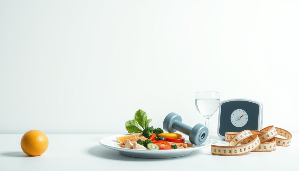 A clean, minimal, and visually striking illustration of the key principles of an effective weight loss diet. Depicts a clean, minimalist background with subtle textures, soft lighting, and a sense of calm. In the foreground, a collection of simple, iconographic representations of the core diet guidelines, such as a plate of balanced, nutritious foods, a dumbbell for exercise, a glass of water, and a measuring tape or scale. The overall mood is one of clarity, focus, and wellness, conveying the essential elements of a successful weight reduction program.