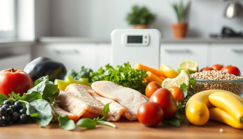 A clean, minimalist still life showcasing the key elements of a balanced weight loss diet. In the foreground, an arrangement of fresh vegetables, lean protein, and whole grains, neatly organized on a wooden table. Soft, natural lighting from the side casts gentle shadows, emphasizing the textures and colors. In the middle ground, a calorie-counting app or digital scale, symbolizing the importance of mindful portion control. The background is blurred, keeping the focus on the nutritious, satisfying meal. The overall mood is one of simplicity, discipline, and healthy living.
