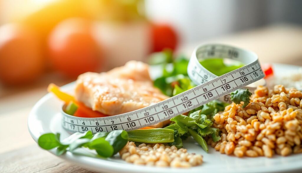 A close-up of a healthy, balanced meal on a white plate. In the foreground, a mix of steamed vegetables, lean protein, and a small portion of whole grains. The lighting is soft and natural, casting a warm glow. In the middle ground, a tape measure coiled around the plate, symbolizing the role of portion control in a weight-loss diet. The background is blurred, creating a sense of focus and simplicity. The overall mood is one of mindfulness, discipline, and a holistic approach to healthy eating for weight management.