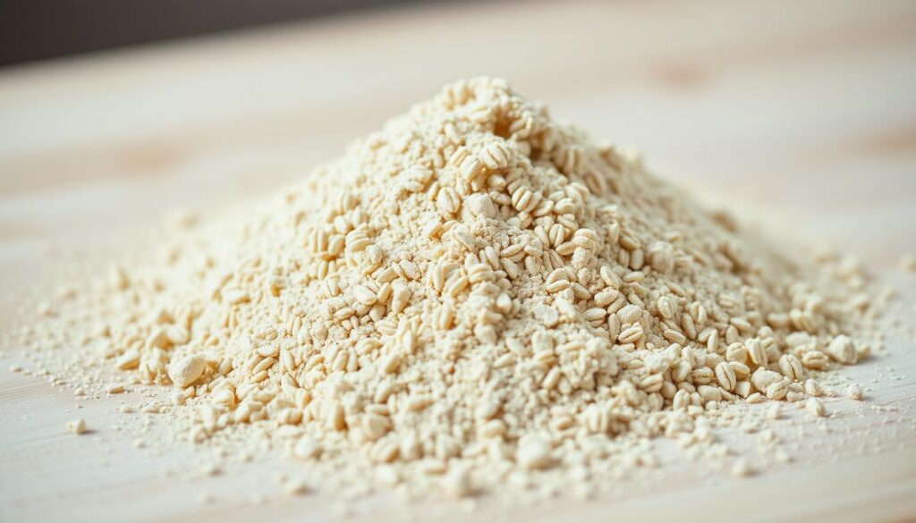 A close-up view of a pile of light brown buckwheat flour (mąka gryczana) on a light wooden surface. The flour has a fine, powdery texture and appears soft and delicate. The lighting is soft and diffused, creating gentle shadows that accentuate the nuances of the flour's color and structure. The background is blurred, keeping the focus on the flour itself. The overall mood is one of simplicity, naturalness, and culinary potential, aligning with the concept of healthy, low-calorie pancake ingredients.