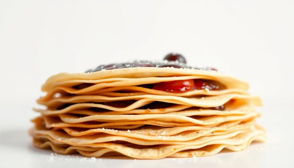 A close-up view of a stack of delicate, golden-brown naleśniki (Polish-style crepes) against a clean, white background. The crepes are filled with a luscious, vibrant fruit compote, possibly berries or stone fruits, creating a visually appealing and healthful contrast. The lighting is soft and natural, highlighting the delicate texture of the crepes and the inviting hues of the filling. The composition is carefully balanced, with the naleśniki taking center stage and conveying a sense of wholesome indulgence that aligns with the "fit" theme of the recipe section.