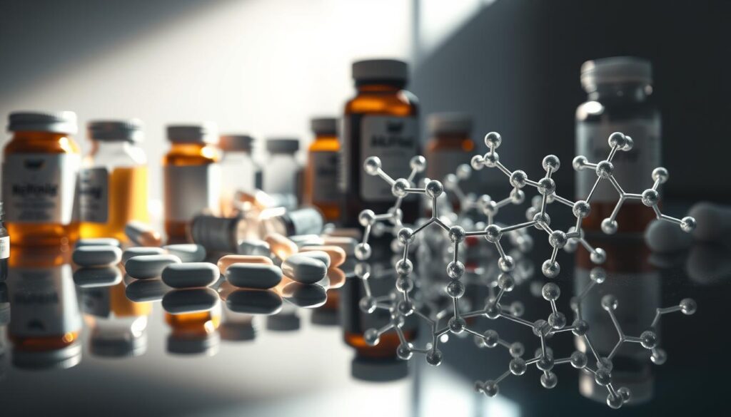 A close-up view of various pharmaceutical steroid drugs arranged neatly on a reflective glass surface. The foreground features several pill bottles, capsules, and vials in different shapes and colors, casting delicate shadows. The middle ground showcases the complex molecular structures of the steroid compounds, rendered in a detailed, scientific style. The background is subtly blurred, creating a sense of depth and focus on the central subject. The lighting is soft and directional, highlighting the glossy textures and subtle tones of the medical substances. An atmosphere of clinical precision and functional elegance pervades the scene, hinting at the potent effects and potential risks of these powerful performance-enhancing drugs.