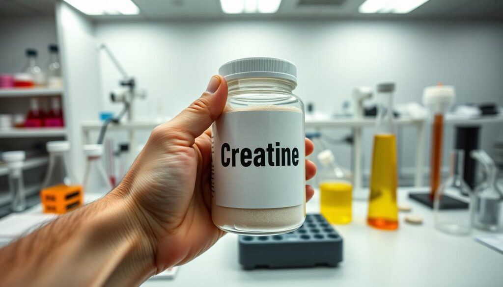 A closeup shot of a person's hand holding a jar of creatine powder, surrounded by a clean, well-lit laboratory setting. The jar has a clear label displaying the word "Creatine" in bold text. The hand is positioned in the foreground, with the jar filling the middle ground, and the background showcasing various scientific equipment, such as beakers, test tubes, and measuring instruments. The lighting is bright and even, creating a crisp, professional atmosphere that emphasizes the health and fitness benefits of creatine supplementation.