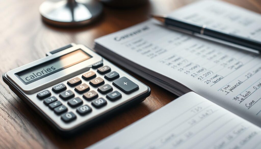 A closeup view of a calculator and a notebook on a wooden desk, illuminated by soft, natural lighting. The calculator's display shows the word "calories" and the notebook is open to a page with handwritten calculations. The setting conveys a sense of focused concentration and attention to detail, reflecting the importance of accurately calculating caloric intake for effective body composition management. A closeup view of a calculator and a notebook on a wooden desk, illuminated by soft, natural lighting. The calculator's display shows the word "calories" and the notebook is open to a page with handwritten calculations. The setting conveys a sense of focused concentration and attention to detail, reflecting the importance of accurately calculating caloric intake for effective body composition management.