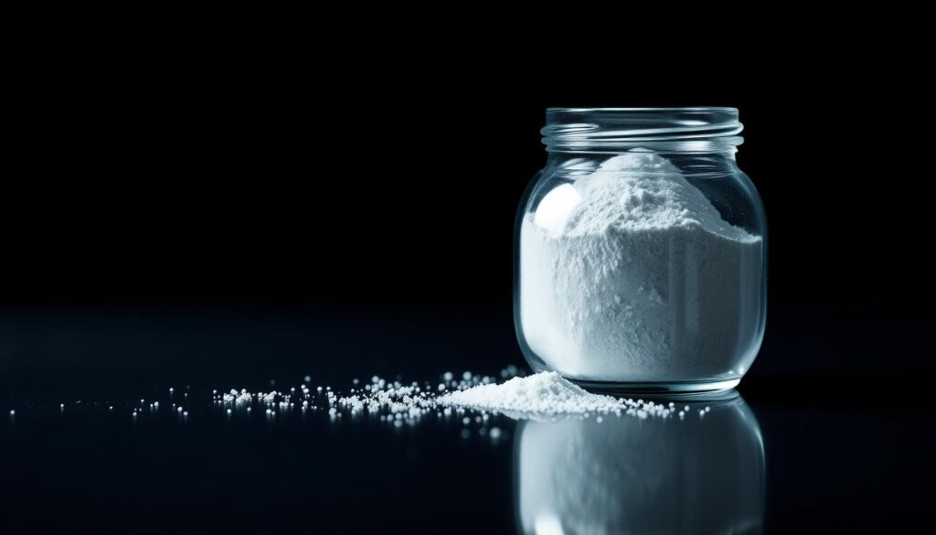 A closeup view of a transparent glass container filled with sparkling white powder, casting an ethereal glow against a dark background. The container is positioned on a sleek, reflective surface, creating a sense of depth and intrigue. Soft, dramatic lighting accentuates the crystalline structure of the powder, hinting at its scientific and medicinal nature. The overall scene conveys a sense of purity, precision, and the transformative power of this unique compound known as "kreatyna". A closeup view of a transparent glass container filled with sparkling white powder, casting an ethereal glow against a dark background. The container is positioned on a sleek, reflective surface, creating a sense of depth and intrigue. Soft, dramatic lighting accentuates the crystalline structure of the powder, hinting at its scientific and medicinal nature. The overall scene conveys a sense of purity, precision, and the transformative power of this unique compound known as "kreatyna".