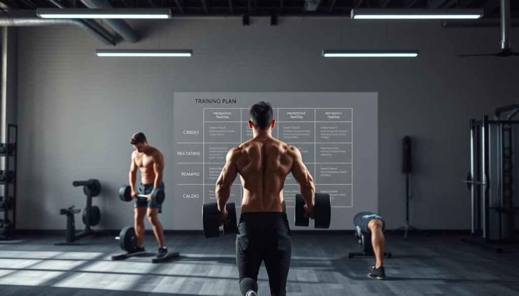 A comprehensive weight training program for muscle growth and fat reduction. In the foreground, a muscular figure performs a series of compound exercises with free weights, their form and intensity showcased in an expertly lit studio setting. The middle ground features a detailed training plan diagram, outlining progressive resistance training, cardio, and recovery protocols. In the background, a minimalist fitness environment with sleek equipment and motivational cues creates an atmosphere of focus and determination. The lighting is crisp and dramatic, highlighting the physicality of the workout while maintaining a sense of elegance and professionalism.