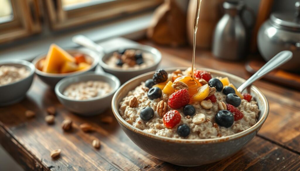 A cozy kitchen scene with a bowl of hot, hearty oatmeal taking center stage. The oatmeal is topped with a variety of fresh fruits, nuts, and a drizzle of honey, creating an inviting and nutritious breakfast. The bowl is set on a rustic wooden table, surrounded by natural light filtering in through a window. In the background, a few additional bowls of different oatmeal variations are visible, showcasing the variety of quick, healthy oatmeal recipes. The overall mood is warm, comforting, and evocative of a wholesome, energizing start to the day. A cozy kitchen scene with a bowl of hot, hearty oatmeal taking center stage. The oatmeal is topped with a variety of fresh fruits, nuts, and a drizzle of honey, creating an inviting and nutritious breakfast. The bowl is set on a rustic wooden table, surrounded by natural light filtering in through a window. In the background, a few additional bowls of different oatmeal variations are visible, showcasing the variety of quick, healthy oatmeal recipes. The overall mood is warm, comforting, and evocative of a wholesome, energizing start to the day.