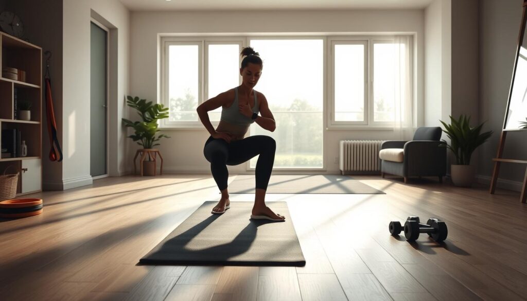 A cozy, well-lit home gym with a minimalist design. In the foreground, a person performing squats on a yoga mat, their silhouette casting dynamic shadows. The middle ground features simple workout equipment like resistance bands and dumbbells, neatly arranged. The background showcases large windows, allowing natural light to flood the space and creating a serene, rejuvenating atmosphere. The overall mood is one of focused determination and efficient, equipment-free training, perfectly suited for an article on effective fat-burning home workouts.
