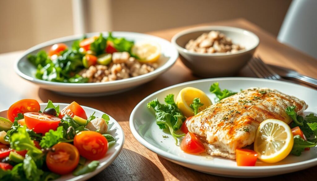 A delectable dinner for health-conscious diners. A low-calorie feast of fresh vegetables, lean proteins, and wholesome grains, arranged artfully on porcelain plates. Soft, natural lighting casts a warm glow, complementing the vibrant colors and clean, minimalist presentation. In the foreground, a plate showcases a colorful salad with crisp greens, juicy tomatoes, and a drizzle of light dressing. Nearby, a dish of steamed fish adorned with lemon wedges and herbs. In the middle ground, a bowl of quinoa or brown rice, fluffy and nutty. The background features a simple, uncluttered setting, perhaps a wooden table or a plain, neutral-toned backdrop, allowing the nourishing meal to take center stage. An atmosphere of health, balance, and culinary sophistication pervades the scene. A delectable dinner for health-conscious diners. A low-calorie feast of fresh vegetables, lean proteins, and wholesome grains, arranged artfully on porcelain plates. Soft, natural lighting casts a warm glow, complementing the vibrant colors and clean, minimalist presentation. In the foreground, a plate showcases a colorful salad with crisp greens, juicy tomatoes, and a drizzle of light dressing. Nearby, a dish of steamed fish adorned with lemon wedges and herbs. In the middle ground, a bowl of quinoa or brown rice, fluffy and nutty. The background features a simple, uncluttered setting, perhaps a wooden table or a plain, neutral-toned backdrop, allowing the nourishing meal to take center stage. An atmosphere of health, balance, and culinary sophistication pervades the scene.