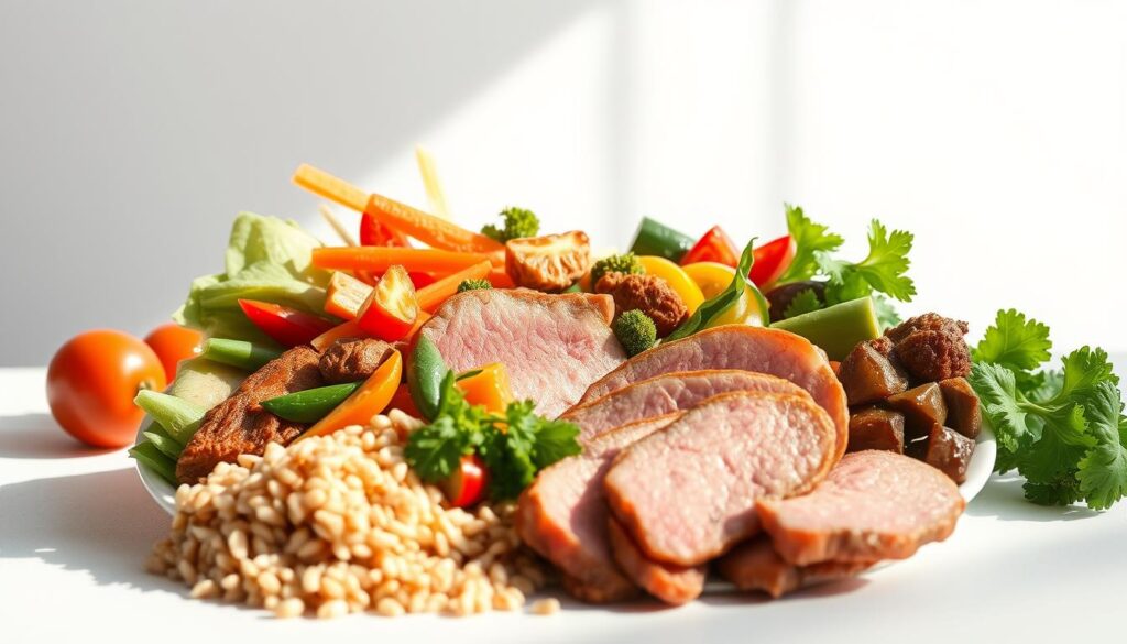 A delectable high-protein dish set against a crisp, minimalist backdrop. In the foreground, a bountiful arrangement of lean meats, vibrant vegetables, and hearty whole grains, expertly plated to showcase their balanced macronutrient profile. Gentle natural lighting illuminates the scene, creating a sense of freshness and vitality. The composition is clean and uncluttered, allowing the nutritious ingredients to take center stage. An evocative, mouthwatering scene that encapsulates the essence of a well-designed, high-protein meal for weight management. A delectable high-protein dish set against a crisp, minimalist backdrop. In the foreground, a bountiful arrangement of lean meats, vibrant vegetables, and hearty whole grains, expertly plated to showcase their balanced macronutrient profile. Gentle natural lighting illuminates the scene, creating a sense of freshness and vitality. The composition is clean and uncluttered, allowing the nutritious ingredients to take center stage. An evocative, mouthwatering scene that encapsulates the essence of a well-designed, high-protein meal for weight management.