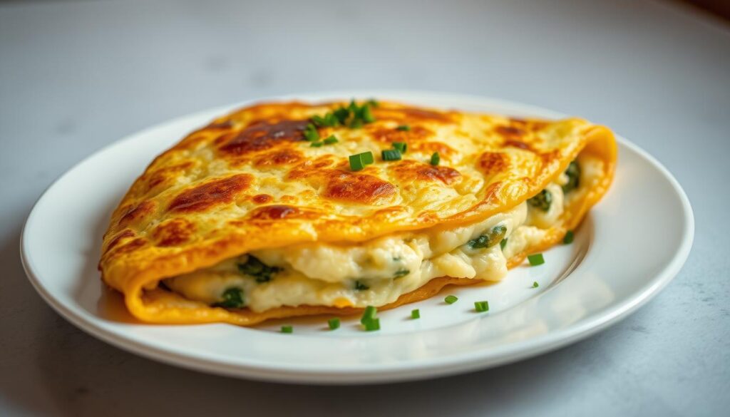 A delectable omelet taking center stage, its golden-brown exterior revealing a fluffy, nutrient-dense interior. Nestled on a pristine white plate, the omelet is accented by a vibrant garnish of freshly chopped herbs, their verdant hues complementing the dish's earthy tones. Soft, diffused lighting bathes the scene, casting a warm, inviting glow and highlighting the omelet's tantalizing texture. The composition is balanced, with the omelet positioned slightly off-center to create a sense of visual interest. The overall mood is one of simple elegance, inviting the viewer to savor the satisfying and nourishing qualities of this wholesome meal.