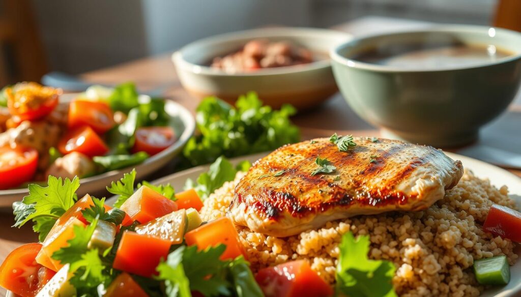 A delectable spread of healthy dinner options, captured in a warm, natural light. In the foreground, a vibrant salad overflows with fresh greens, juicy tomatoes, and crunchy vegetables, drizzled with a light vinaigrette. In the middle ground, a perfectly seared chicken breast sits atop a bed of fluffy quinoa, garnished with fragrant herbs. In the background, a steaming bowl of lentil soup bubbles, its earthy aroma filling the frame. The table is set with minimal, minimalist tableware, allowing the food to take center stage. The overall atmosphere is cozy and inviting, encouraging the viewer to indulge in a nourishing, guilt-free meal. A delectable spread of healthy dinner options, captured in a warm, natural light. In the foreground, a vibrant salad overflows with fresh greens, juicy tomatoes, and crunchy vegetables, drizzled with a light vinaigrette. In the middle ground, a perfectly seared chicken breast sits atop a bed of fluffy quinoa, garnished with fragrant herbs. In the background, a steaming bowl of lentil soup bubbles, its earthy aroma filling the frame. The table is set with minimal, minimalist tableware, allowing the food to take center stage. The overall atmosphere is cozy and inviting, encouraging the viewer to indulge in a nourishing, guilt-free meal.