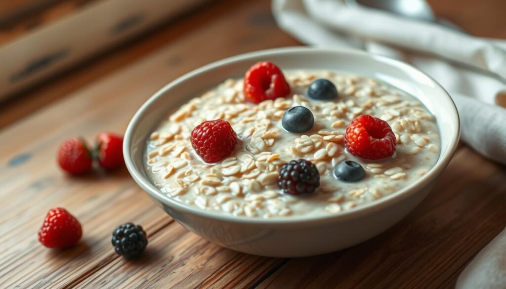 A delicate bowl of creamy oatmeal, the surface lightly dotted with juicy berries, sits atop a rustic wooden table. Soft, warm lighting casts a gentle glow, highlighting the hearty texture of the oats and the vibrant hues of the fruit. The scene exudes a sense of calmness and mindfulness, inviting the viewer to savor the nourishing and satisfying nature of this reduced-calorie breakfast. The composition is balanced, with the oatmeal as the focal point, surrounded by a minimalist, natural setting that emphasizes the simplicity and healthfulness of this dietary-friendly meal. A delicate bowl of creamy oatmeal, the surface lightly dotted with juicy berries, sits atop a rustic wooden table. Soft, warm lighting casts a gentle glow, highlighting the hearty texture of the oats and the vibrant hues of the fruit. The scene exudes a sense of calmness and mindfulness, inviting the viewer to savor the nourishing and satisfying nature of this reduced-calorie breakfast. The composition is balanced, with the oatmeal as the focal point, surrounded by a minimalist, natural setting that emphasizes the simplicity and healthfulness of this dietary-friendly meal.