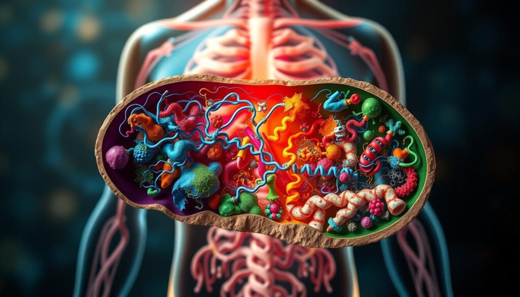 A detailed cross-section of the intricate metabolic processes involved in protein transformation within the human body. The foreground depicts a complex network of biological pathways, enzymes, and molecular interactions, visualized with vivid colors and dynamic flows. The middle ground showcases the conversion of dietary amino acids into diverse protein structures, their assembly, and their subsequent utilization or recycling. The background features a subdued anatomical backdrop, hinting at the systemic integration of these transformations across various organ systems. The scene is illuminated by warm, natural lighting, conveying a sense of harmony and the efficient functioning of the body's protein metabolism. A detailed cross-section of the intricate metabolic processes involved in protein transformation within the human body. The foreground depicts a complex network of biological pathways, enzymes, and molecular interactions, visualized with vivid colors and dynamic flows. The middle ground showcases the conversion of dietary amino acids into diverse protein structures, their assembly, and their subsequent utilization or recycling. The background features a subdued anatomical backdrop, hinting at the systemic integration of these transformations across various organ systems. The scene is illuminated by warm, natural lighting, conveying a sense of harmony and the efficient functioning of the body's protein metabolism.