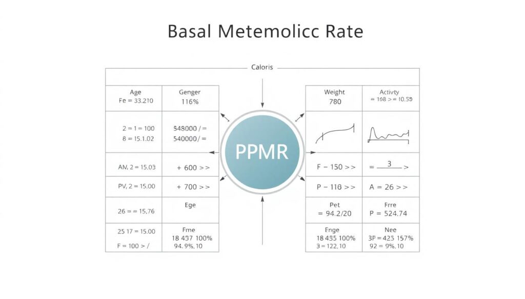 A detailed diagram depicting the concept of basal metabolic rate (BMR), also known as resting metabolic rate (RMR) or basic metabolic process (PPM). The image showcases a sleek, minimalist design with clean lines and a neutral color palette, emphasizing the scientific and analytical nature of the subject. In the foreground, a central circular icon represents the PPM value, surrounded by various data points and calculations. The middle ground features a grid-like layout with numerical values, formulas, and graphs illustrating the factors that influence PPM, such as age, gender, weight, and activity level. The background is a soft, diffused gradient, providing a sense of depth and focus on the essential information. The overall tone is one of clarity, precision, and educational value, suitable for inclusion in an article discussing the calculation of caloric needs for weight reduction.