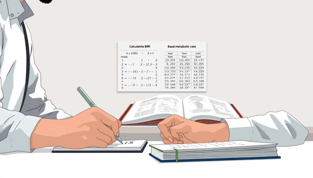 A detailed illustration of a person calculating their basal metabolic rate (BMR) using a formula and medical chart. The foreground shows a person sitting at a desk, intently focused on writing calculations by hand on a notebook. The middle ground displays an open textbook or medical reference material with relevant formulas and tables. The background features a minimalist, clinical setting with neutral-toned walls, suggesting a medical or academic environment. The lighting is soft and even, creating a calm, professional atmosphere. The overall mood is analytical and educational, conveying the technical nature of the BMR calculation process.