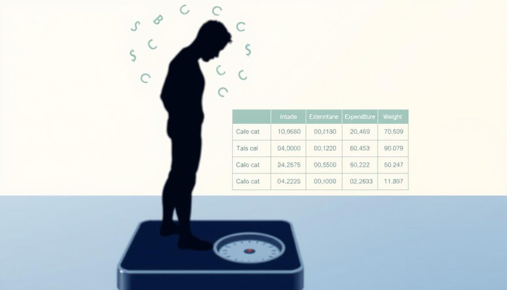 A detailed illustration of calorie requirements for weight reduction. In the foreground, a human figure standing on a scale, surrounded by a halo of calorie symbols. The figure's silhouette is slightly blurred, emphasizing the analytical nature of the scene. In the middle ground, a grid-like chart displaying calorie intake and expenditure data, with clear labels and icons. The background features a minimalist gradient, subtly transitioning from cool to warm tones, creating a sense of depth and focus. The overall composition should convey a sense of precision, information, and the process of managing calorie needs for weight loss.