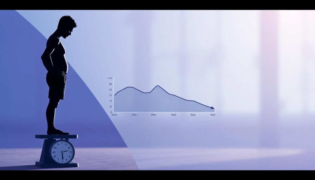 A detailed illustration of "deficyt kaloryczny" depicting a person standing on a set of scales, with a gradient overlay representing a calorie deficit. The foreground shows the person's silhouette in a contemplative pose, surrounded by a minimalist geometric background in shades of blue and purple. The middle ground features a line chart visualizing the calorie deficit, with an arrow pointing downward. The background is a soft, blurred representation of a weight loss journey, with subtle textures and lighting to convey a sense of progress and transformation. The overall mood is pensive and analytical, reflecting the importance of calorie deficit in the fat reduction process.