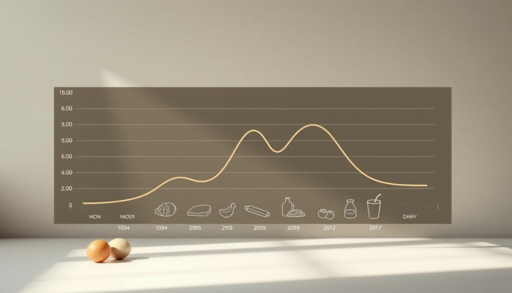 A detailed illustration of the daily protein distribution throughout the day. A stylized graph or chart presented against a clean, minimalist background. The foreground features a line graph depicting the fluctuations in protein intake from morning to night, with distinct peaks and valleys reflecting the optimal timing and amounts. The middle ground shows simple icons or silhouettes of common protein-rich foods like eggs, meat, and dairy. The background has a muted, neutral color palette to allow the data visualization to take center stage. Gentle lighting casts a soft, natural glow across the scene, creating depth and dimension. The overall mood is informative and visually compelling, designed to clearly communicate the key principles of daily protein intake. A detailed illustration of the daily protein distribution throughout the day. A stylized graph or chart presented against a clean, minimalist background. The foreground features a line graph depicting the fluctuations in protein intake from morning to night, with distinct peaks and valleys reflecting the optimal timing and amounts. The middle ground shows simple icons or silhouettes of common protein-rich foods like eggs, meat, and dairy. The background has a muted, neutral color palette to allow the data visualization to take center stage. Gentle lighting casts a soft, natural glow across the scene, creating depth and dimension. The overall mood is informative and visually compelling, designed to clearly communicate the key principles of daily protein intake.