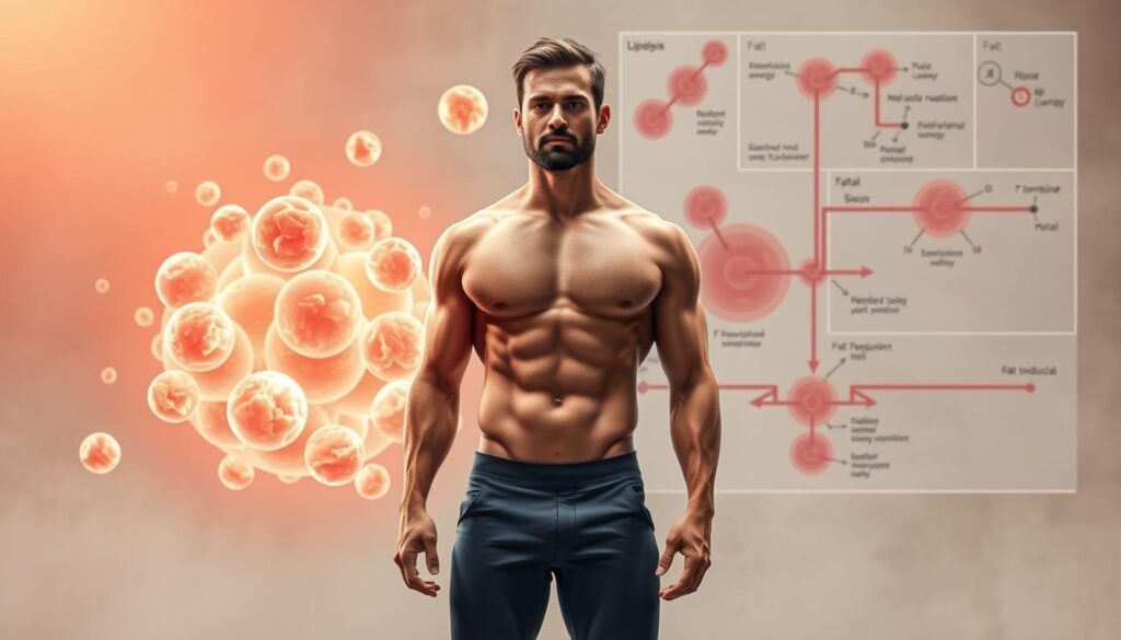 A detailed illustration of the physiological effects of testosterone during fat reduction. In the foreground, a muscular male figure stands in a relaxed pose, their body emanating an aura of vitality and metabolic activity. The middle ground depicts a dynamic display of lipolysis, with fat cells visibly breaking down and releasing energy-rich molecules. In the background, a schematic representation of cellular processes showcases the intricate hormonal pathways that regulate this metabolic transformation. The scene is rendered in a realistic, scientifically-accurate style, with a warm, natural lighting that emphasizes the organic, biological nature of the processes depicted.